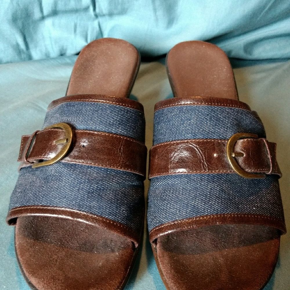 Navy blue and brown wedges